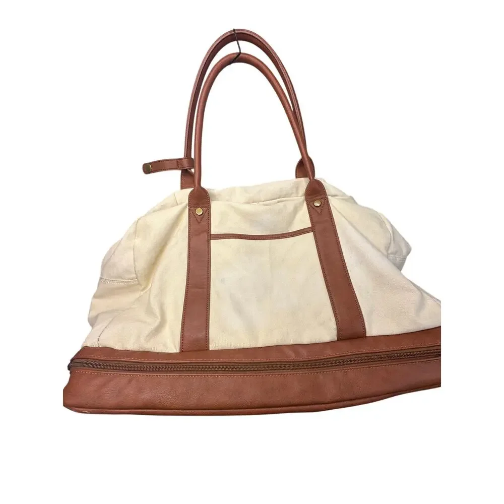 Cream Canvas Weekender Bag Faux Leather Trim Travel